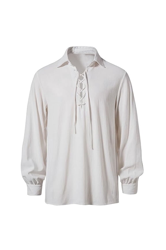 Men's Medieval Lace-Up Shirt Long Sleeve Stand Collar Renaissance Top Breathable Casual Tunic for Festival Daily Wear White S