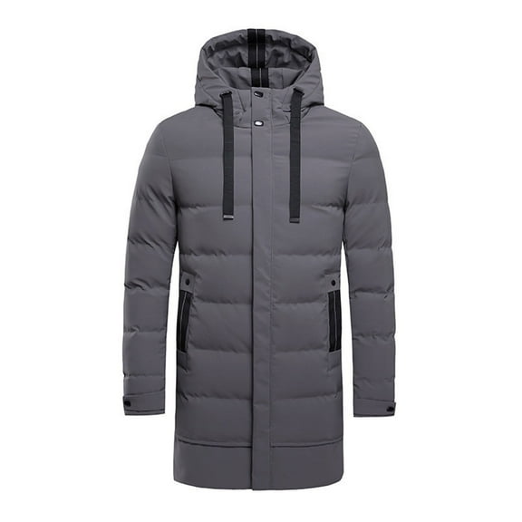 LMOIPLI Men's Mid Length Down Jacket Long Hooded Padded Puffer Jacket Full Zip Up Windproof Jacket Winter Warm Coat Gray L