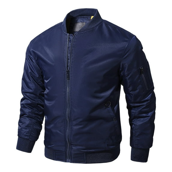 LMOIPLI Men's Outdoor Bomber Jacket Windbreaker Full Zip Casual Padded Coats Fall Winter Warm Solid Color Long Sleeved Outwear Blue L
