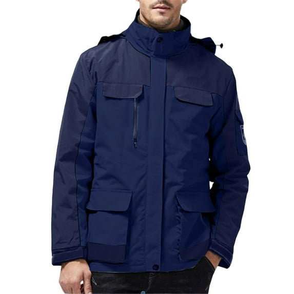 LMOIPLI Men's Outdoor Sport Removable Hood Jacket Waterproof Long Sleeves Color Block Casual Coats Winter Trendy Wind Resistant Zip Up Jacket with Pockets Blue XXXXL