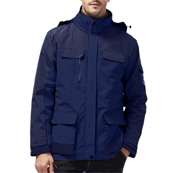 LMOIPLI Men's Outdoor Sport Removable Hood Jacket Waterproof Long Sleeves Color Block Casual Coats Winter Trendy Wind Resistant Zip Up Jacket with Pockets Blue XXXL