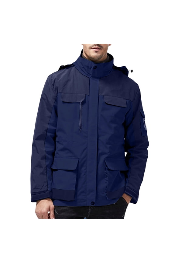 Men's Outdoor Sport Removable Hood Jacket Waterproof Long Sleeves Color Block Casual Coats Winter Trendy Wind Resistant Zip Up Jacket with Pockets Blue XXL