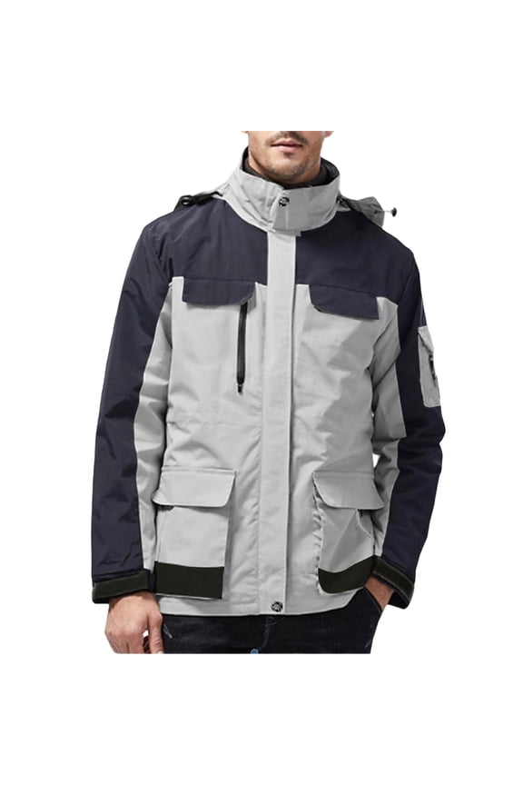 Men's Outdoor Sport Removable Hood Jacket Waterproof Long Sleeves Color Block Casual Coats Winter Trendy Wind Resistant Zip Up Jacket with Pockets White XL