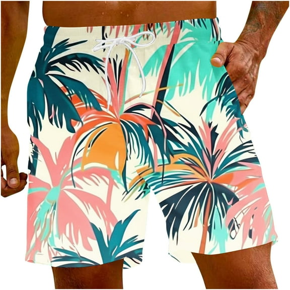 LMOIPLI Men's Plus Size Hawaiian Print Beach Shorts Casual Elastic Waist Drawstring Quick Dry Vacation Bathing Suit with Pocket Multicolor S