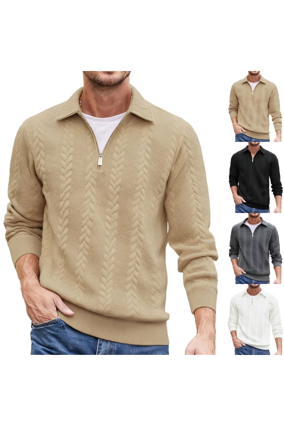 Men's Quarter Zip Casual Pullover Sweater Cable Knit Stand Collar Texture Knitted Sweaters Collared Shirt Black M
