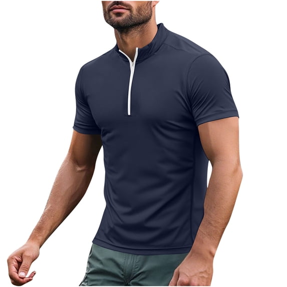 LMOIPLI Men's Quarter Zip Pullover Short Sleeve Gym Workout Moisture Wicking Athletic Quick Dry Compression Shirt Navy M