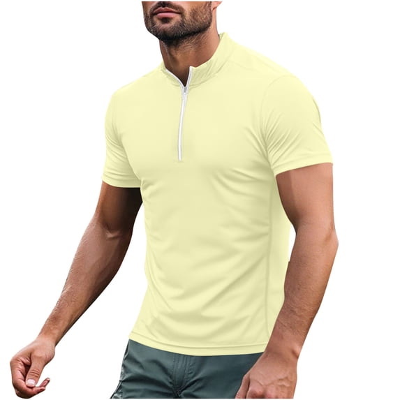 LMOIPLI Men's Quarter Zip Pullover Short Sleeve Gym Workout Moisture Wicking Athletic Quick Dry Compression Shirt Yellow M