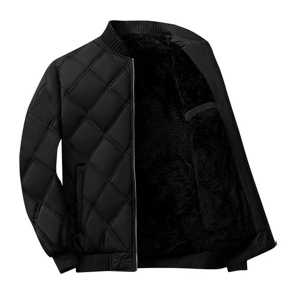 LMOIPLI Men's Quilted Baseball Fleece Jacket Slim Fashion Ribbed Collar Winter Warm Loose Jacket with Pockets Black XL
