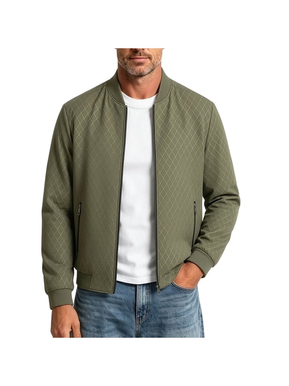 Men's Quilted Bomber Jacket, Lightweight Padded Baseball Collar Coat with Zipper Pockets, Casual Business Outerwear for Fall Winter Green M