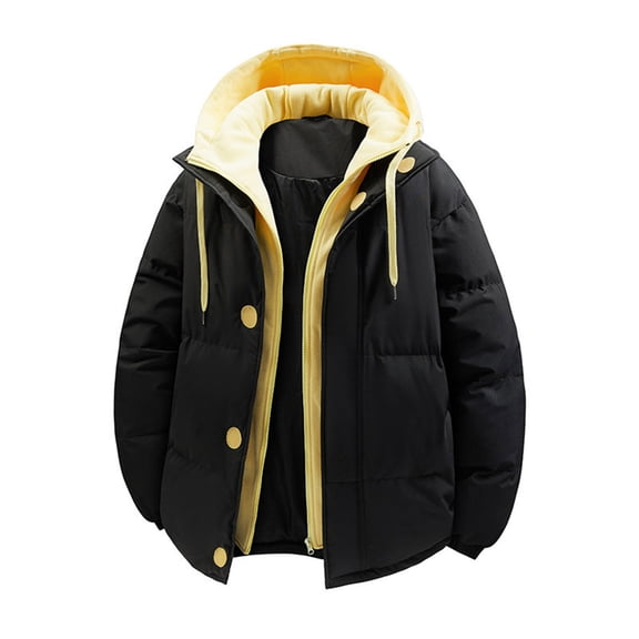 LMOIPLI Men's Quilted Fleece Casual Hooded Jacket Solid Color Oversized Puffer Long Sleeve Zipper Coat Winter Warm Clothes with Pockets Black XXXL