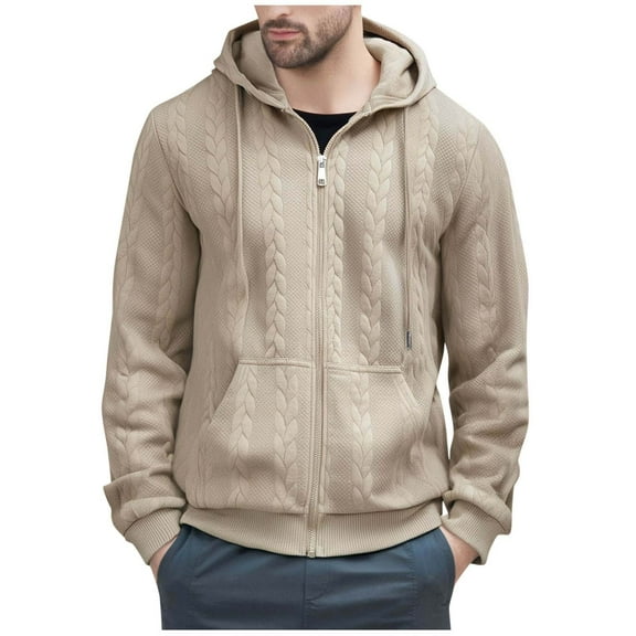 LMOIPLI Men's Quilted Hoodies Textured Cable Knitted Coat Zip Up Long Sleeve Solid Color Drawstring Jackets Fall Winter Trendy Loose Coats with Pocket Yellow XL
