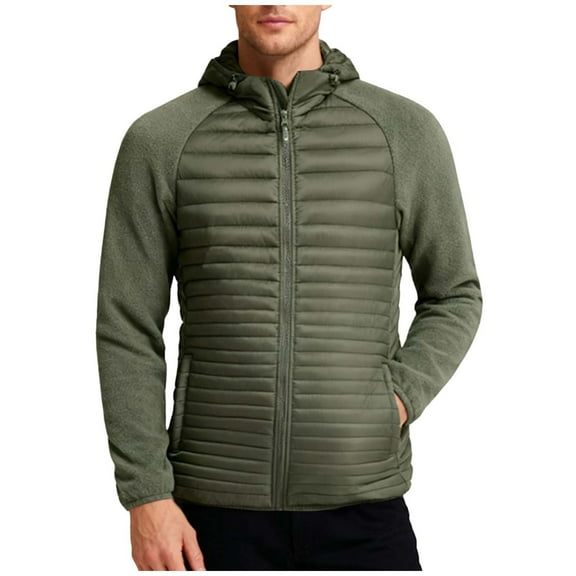 LMOIPLI Men's Quilted Thicken Fleece Puffer Detachable Hooded Zipper Jacket Long Sleeve Warm Winter Coats Windproof Packable Solid Color Jackets with Pocket Green XS