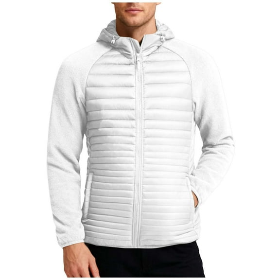 LMOIPLI Men's Quilted Thicken Fleece Puffer Detachable Hooded Zipper Jacket Long Sleeve Warm Winter Coats Windproof Packable Solid Color Jackets with Pocket White XXXL