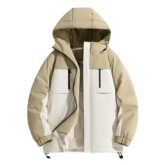 LMOIPLI Men's Quilted Thicken Hooded Coats Color Block Long Sleeve Fashion Zip Up Coats Winter Warm Loose Stand Collar Jacket with Pockets Yellow M