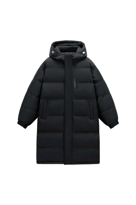 Men's Quilted Thicken Hooded Parka Coats Solid Color Long Sleeve Fashion Zip Up Long Coats Winter Warm Loose Jacket with Pockets Black S