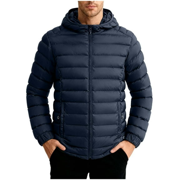 LMOIPLI Men's Quilted Thicken Puffer Detachable Hooded Zipper Jacket Long Sleeve Warm Winter Coats Windproof Packable Solid Color Jackets with Pocket Blue XS