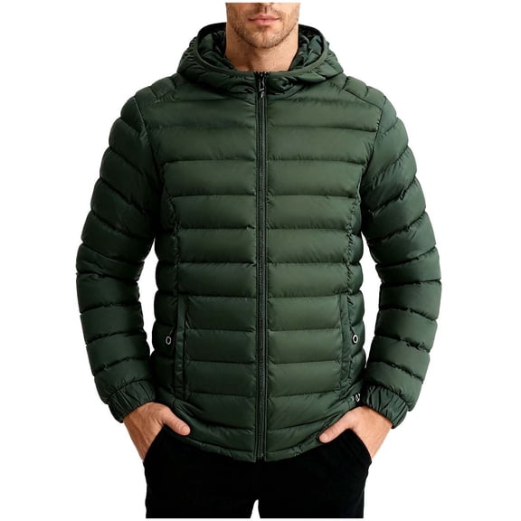 LMOIPLI Men's Quilted Thicken Puffer Detachable Hooded Zipper Jacket Long Sleeve Warm Winter Coats Windproof Packable Solid Color Jackets with Pocket Green XXXXL