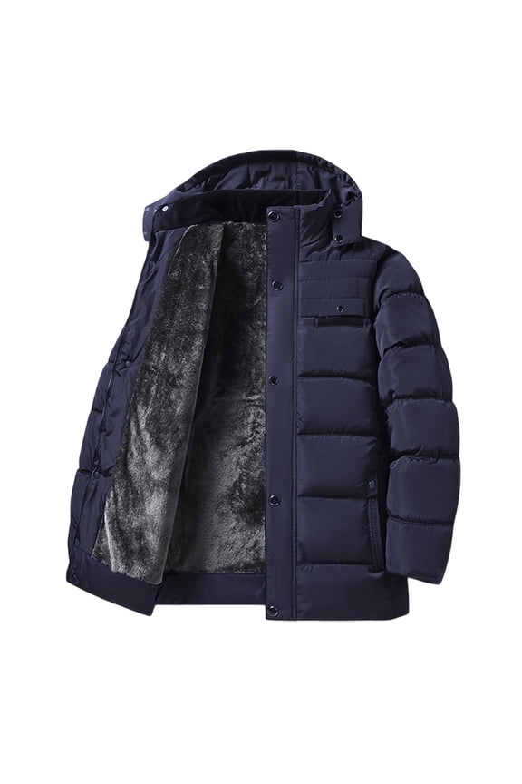 Men's Quilted Thicken Removable Hood Jacket Fleece Long Sleeves Casual Coats Winter Trendy Wind Resistant Zip Up Jacket with Pockets Blue XXXXL