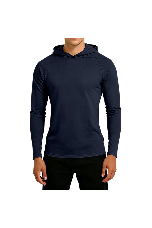 Men's Raglan Hooded Long Sleeve Base Layer T Shirts Drawstring Slim Fit Soft Stretch Athletic Casual Pullover Tops Navy XXL