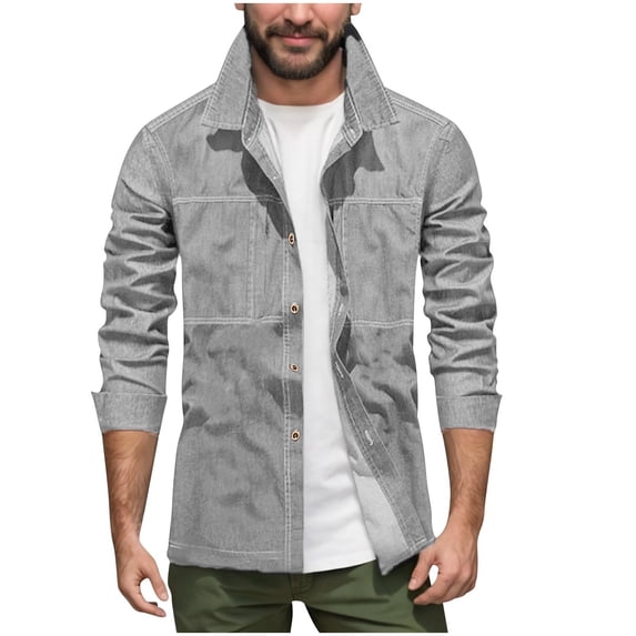 LMOIPLI Men's Regular Fit Denim Button Down Shirts Casual Chambray Long Sleeve Lightweight Casual Spread Collar Tops Gray S