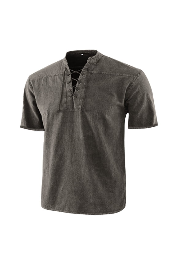 Men's Retro Stand Collar Lace-Up Drawstring Shirt Short Sleeve Boho Casual Workwear Easy-Care Multi-Occasion Mens Daily Top Gray S