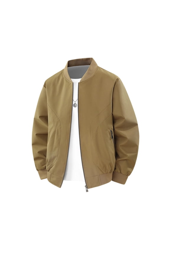 Men's Ribbed Baseball Collar Bomber Jacket, Water Resistant Full Zip Flight Coat, Casual Solid Color Varsity Outerwear for Daily Street Commute Brown XXXXL