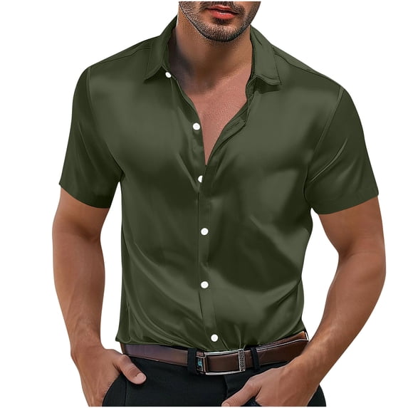 LMOIPLI Men's Satin Dress Shirt Silk Short Sleeve Button Down Solid Tops Wrinkle-Resistant Fashion Shirt Party Prom Army Green XXL