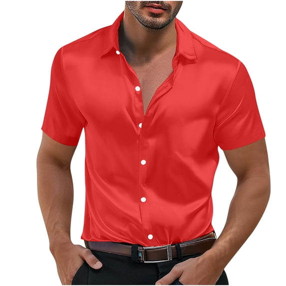 LMOIPLI Men's Satin Dress Shirt Silk Short Sleeve Button Down Solid Tops Wrinkle-Resistant Fashion Shirt Party Prom Red M