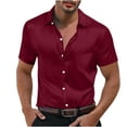 thumbnail image 1 of LMOIPLI Men's Satin Dress Shirt Silk Short Sleeve Button Down Solid Tops Wrinkle-Resistant Fashion Shirt Party Prom Wine M, 1 of 8