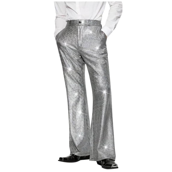 LMOIPLI Men's Sequins Pants Shiny Disco Party Dancing Trousers Sparkly Straight Leg Loose Ankle Fashion Formal Pants Silver XL