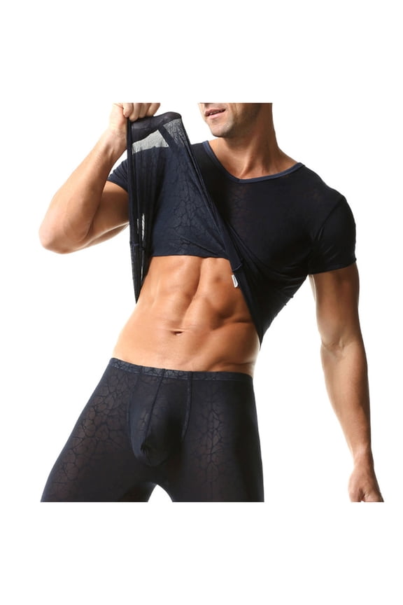 Men's Sheer Floral Jacquard V-Neck Undershirt Slim Fit Breathable Short Sleeve Solid Underwear Shirts Top Navy M