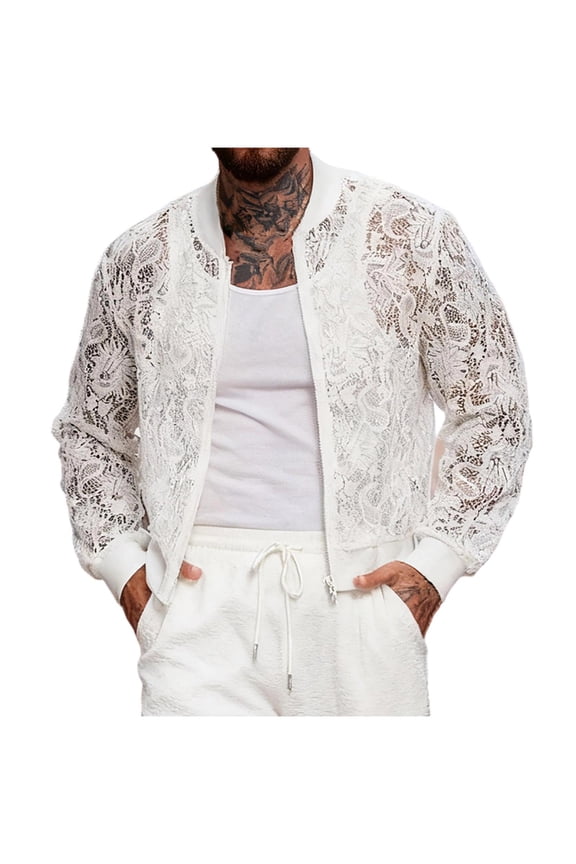 Men's Sheer Floral Lace Bomber Jackets Long Sleeve See Through Coats Zip Up Outerwear Solid Color Long Sleeved Jackets White S