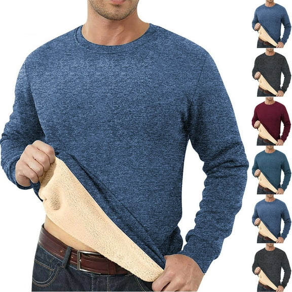 LMOIPLI Men's Sherpa Lined Crewneck Sweatshirt Thick Thermal Shirt Winter Fleece Pullover Warm Casual Basic Sweatshirts Blue L