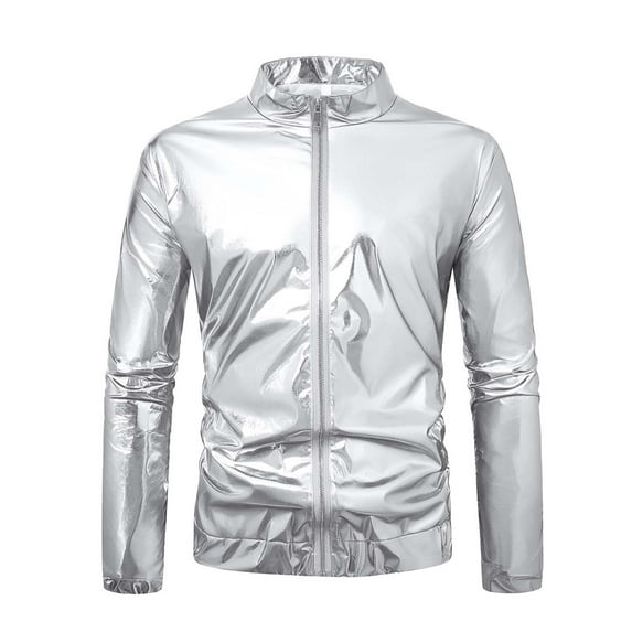 LMOIPLI Men's Shiny Jacket Lightweight Solid Color Metallic Zip Up Stand Collar Long Sleeve Jacket for Stage Performance Silver M
