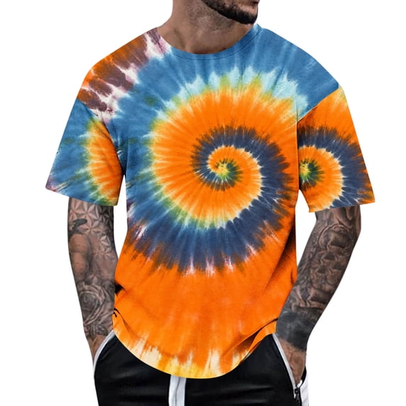 LMOIPLI Men's Short Sleeve Tie-Dye Graphic T-Shirt Vibrant Color Casual Summer Streetwear Comfortable Daily Loose Fit Top Orange M