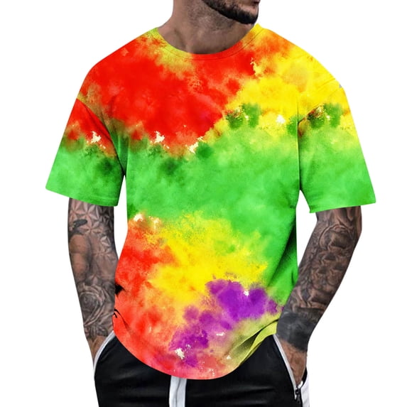 LMOIPLI Men's Short Sleeve Tie-Dye Graphic T-Shirt Vibrant Color Casual Summer Streetwear Comfortable Daily Loose Fit Tops Multicolor XL