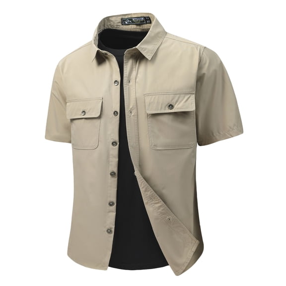 LMOIPLI Men's Solid Color Turndown Collar T-Shirt Button Workwear Casual Short Sleeved Casual Shirt Blouse with Pockets Khaki XL
