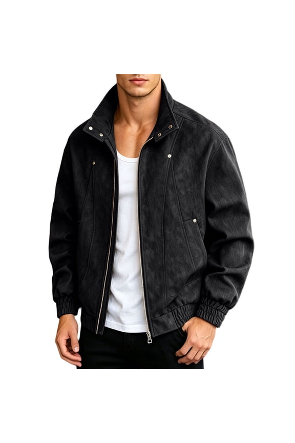 Men's Stand Collar Faux Suede Jacket Zip Up Retro Casual Outerwear with Rivet Detail for Streetwear Daily Commute Casual Wear Black XXXXL