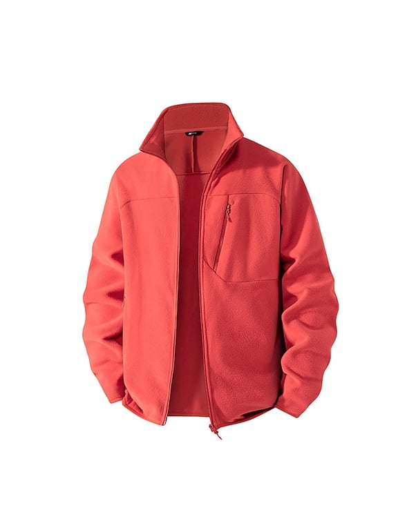 Men's Stand Collar Full Zip Polar Fleece Jacket Single Chest Zip Pocket Soft Thermal Mid Layer For Ski Resort Base Layering Car Road Trips & Air-Conditioned Office Shifts Watermelon Red S