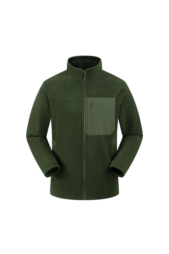 Men's Stand Collar Polar Fleece Mid Layer Jacket Contrast Patch Zip Chest Pocket Soft Thermal Shell For Ski Resort Base Layering Cross Country Road Trips & Chilly Office Shifts Army Green L
