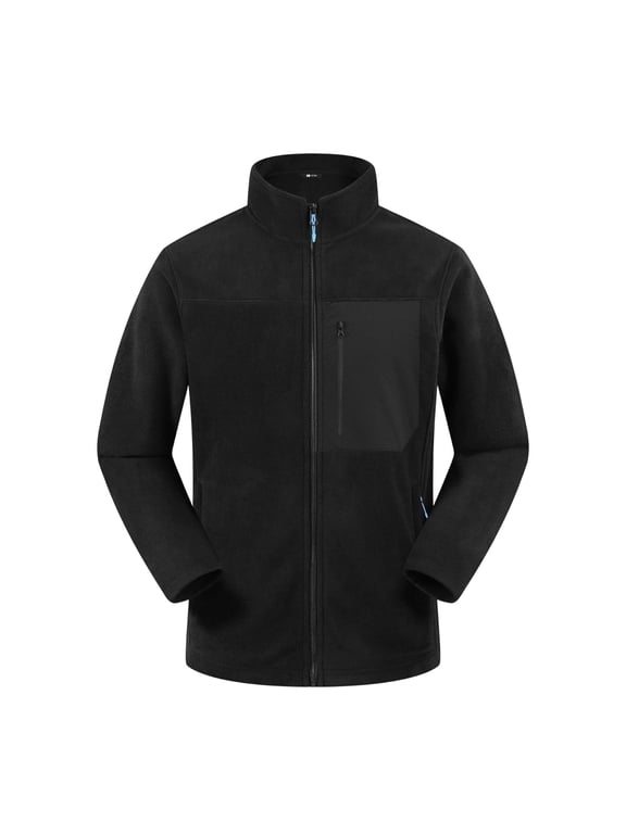 Men's Stand Collar Polar Fleece Mid Layer Jacket Contrast Patch Zip Chest Pocket Soft Thermal Shell For Ski Resort Base Layering Cross Country Road Trips & Chilly Office Shifts Black L