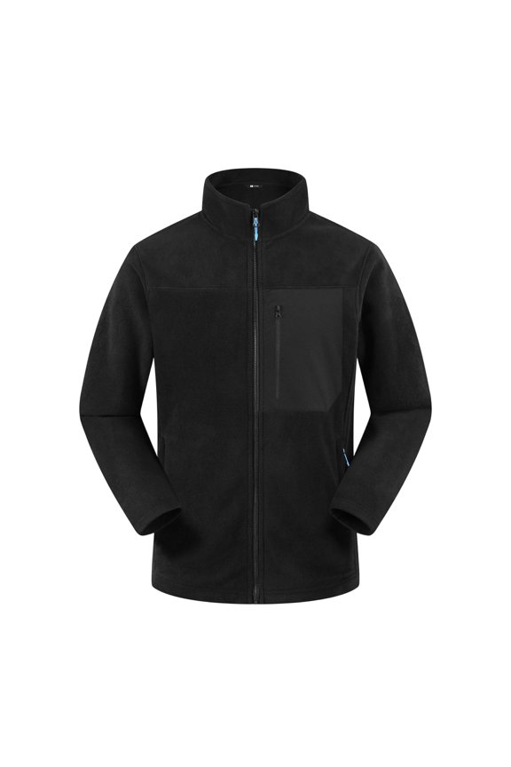 Men's Stand Collar Polar Fleece Mid Layer Jacket Contrast Patch Zip Chest Pocket Soft Thermal Shell For Ski Resort Base Layering Cross Country Road Trips & Chilly Office Shifts Black L