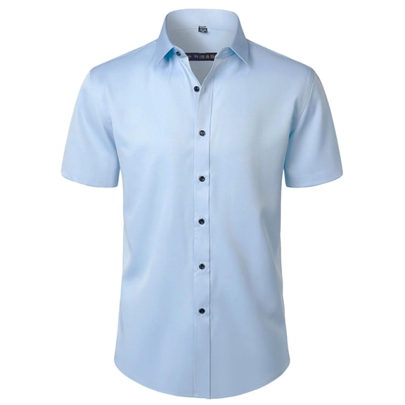 LMOIPLI Men's Stretch Wrinkle Free Dress Shirts Formal Wedding Prom Short Sleeve Slim Fit Button Down Casual Shirt Blue XL