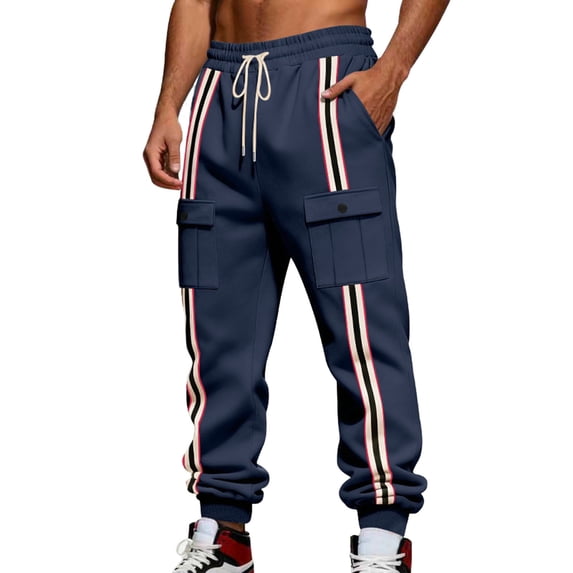 LMOIPLI Men's Striped Joggers Sweatpants Loose Elastic Waist Outdoor Athletic Casual Fashion Pants with Pockets Navy M