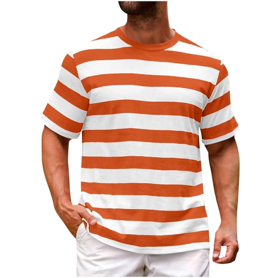 LMOIPLI Men's Striped Short Sleeve T-Shirt Classic Crew Neck Casual Tee Breathable Summer Graphic Top for Daily Orange L