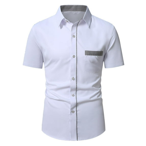 LMOIPLI Men's Stylish Patchwork Short Sleeve Dress Shirts Slim Fit Stretch Button Down Summer Business Casual Shirts White XS