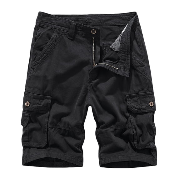 LMOIPLI Men's Summer Cotton Shorts Drawstring Stretch Waist Solid Cargo Lightweight Shorts with Multi Pockets Black L