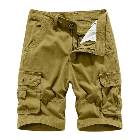 LMOIPLI Men's Summer Cotton Shorts Drawstring Stretch Waist Solid Cargo Lightweight Shorts with Multi Pockets Khaki M
