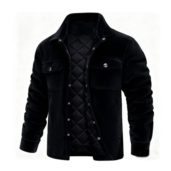 LMOIPLI Men's Thermal Warm Fleece Jackets Winter Corduroy Turn Down Collar Long Sleeve Button Down Shacket Jacket Outwear Black S