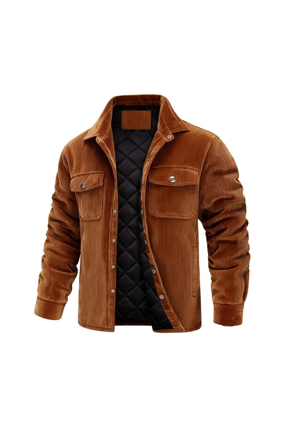 Men's Thermal Warm Fleece Jackets Winter Corduroy Turn Down Collar Long Sleeve Button Down Shacket Jacket Outwear Brown XXL